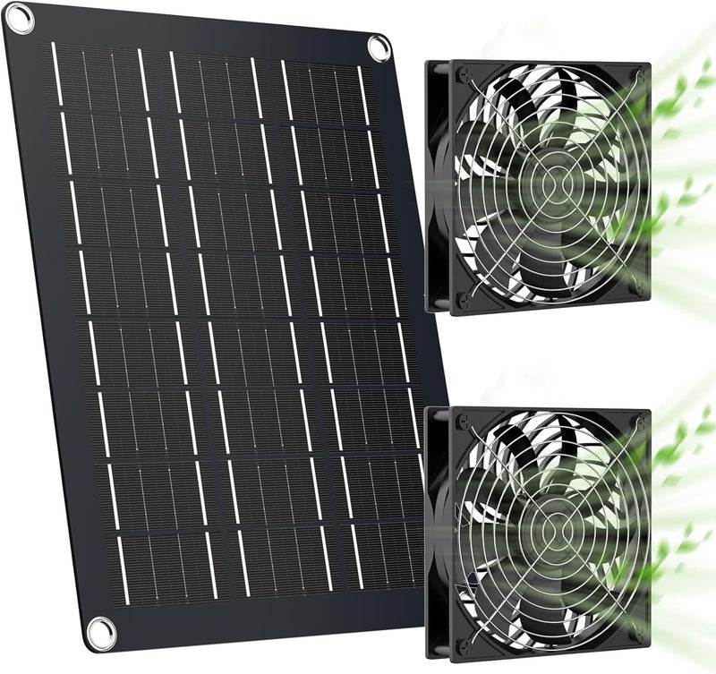 MARBERO 4.7 Inch Solar Powered Fan Kit, 15W Solar Panel with 2 Waterproof Fans, Intake or Exhaust Air Fan wtih 13 Ft Cable for Outside Backyard Chicken Coops, Greenhouses, Dog Houses, Pet Houses - Image 1